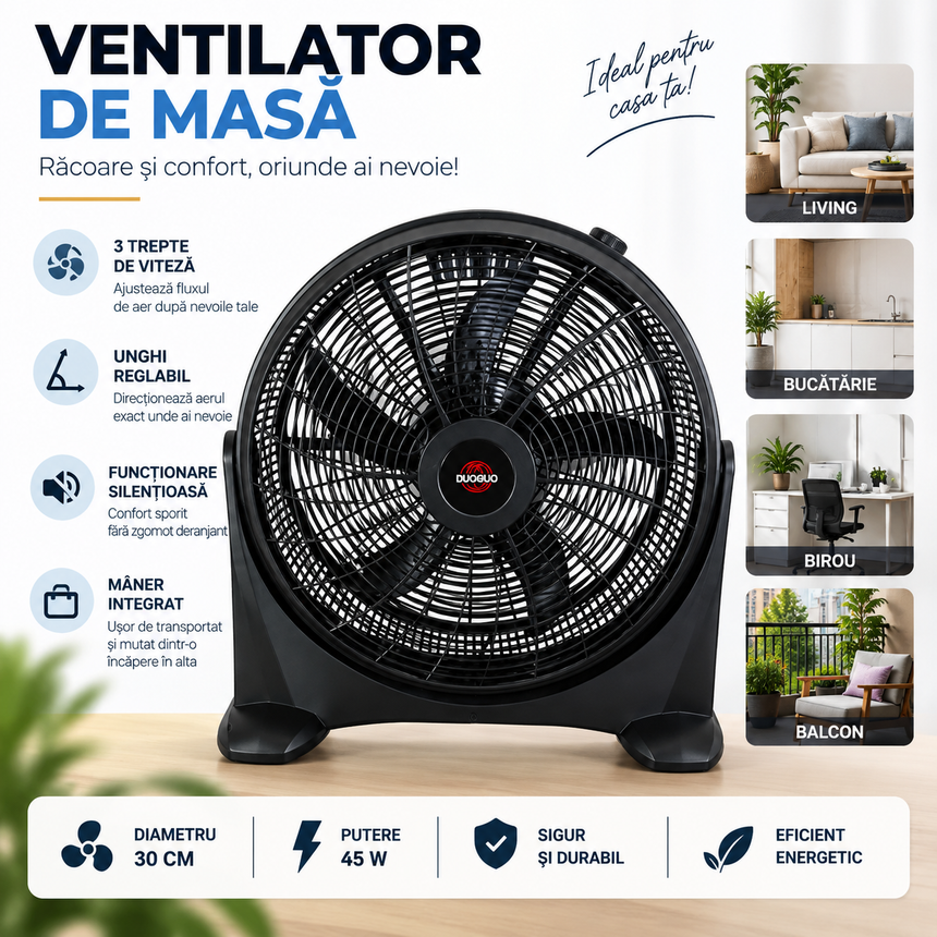 Ventilator Electric de Podea cu Suport, Circulație Eficientă a Aerului, pentru Casă și Birou, Negru