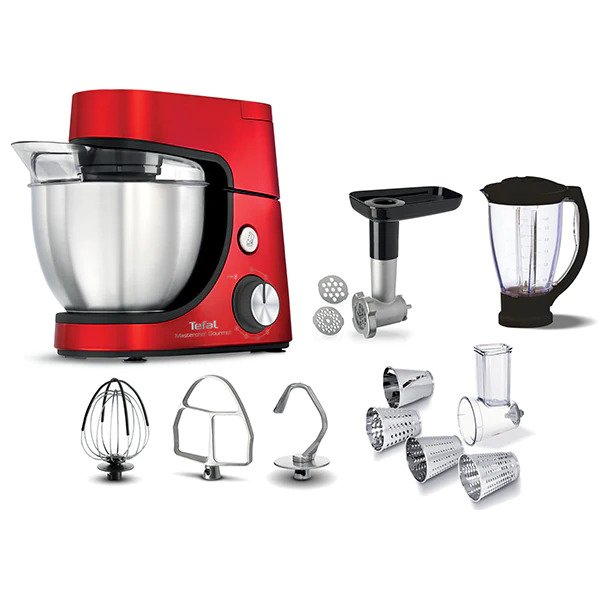 Robot de bucatarie Tefal MasterChef Gourmet QB516G, 1100 W, capacitate 4.6L, 8 trepte viteza, functie pulse, blender capacitate 1.5L, feliator, tocator de carne, tel flex, rosu