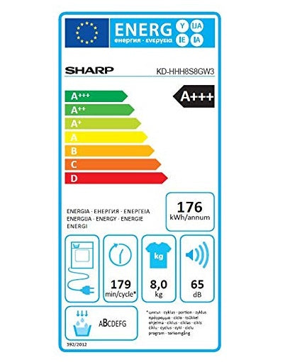 Uscator de rufe SHARP KD-NHH8S8GW3-EE, Motor Inverter, 8 kg, 15 programe, Clasa A+++, Alb