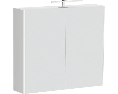 Dulap baie cu oglinda Cubo si iluminare LED, 2 usi, PAL, 70x75 cm, fibra lemn Bianco