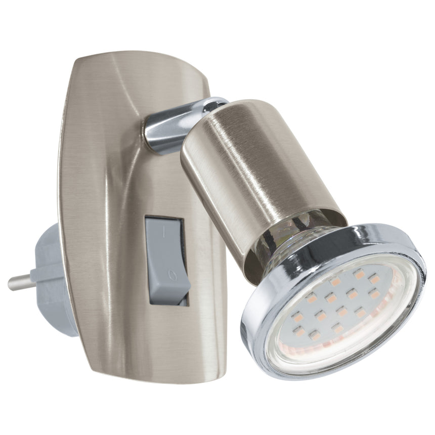 Spot priza MEREA, EGLO, GU10 LED, 1x3W, 240 lm echivalent 23W, 3000K, lumina calda, otel, nichel satinat, crom, 10 x 7 cm, IP20