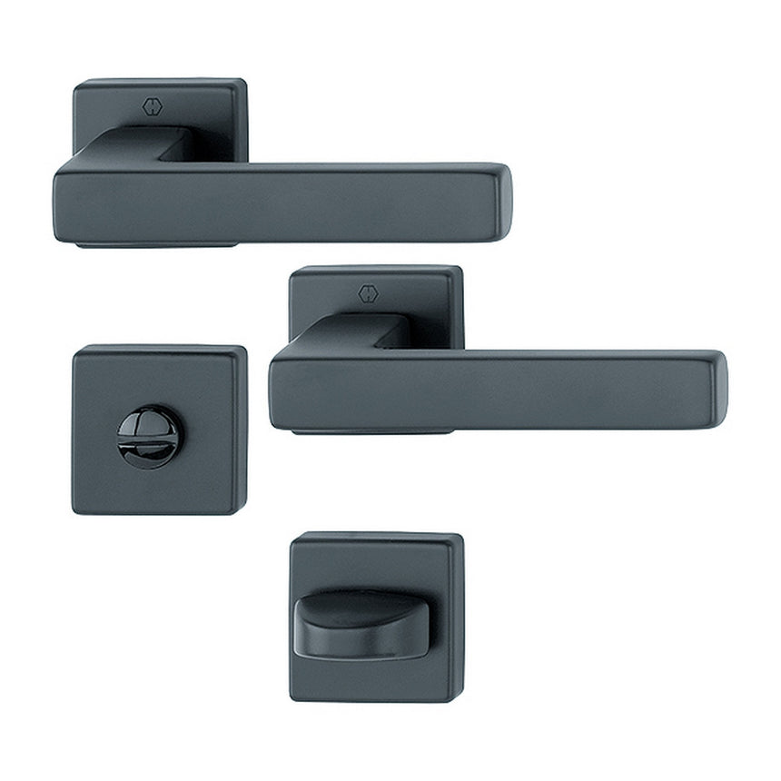 Maner usa interior, Hoppe Toulon, cu rozeta patrata pentru WC, material aluminiu, culoare negru 128 x 49 mm