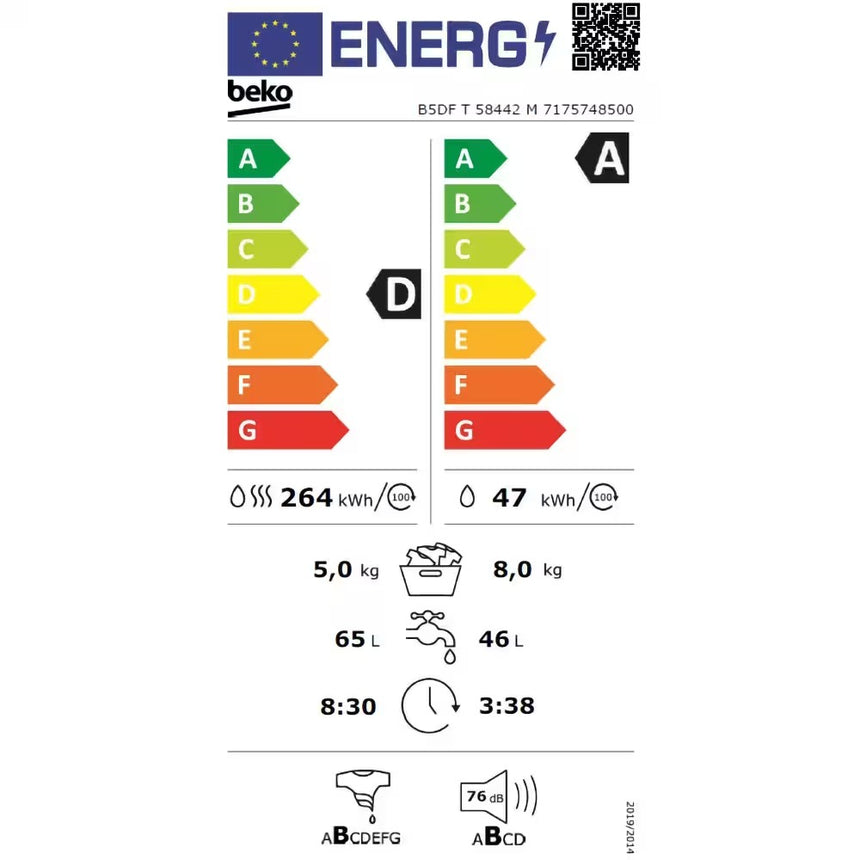 Masina de spalat rufe cu uscator Beko B5DFT58442M, Spalare 8 kg, Uscare 5 kg, 1400 RPM, Clasa A, HygieneTherapy, SteamCure, HomeWhiz, ProSmart Inverter Motor, AddXtra, Gri