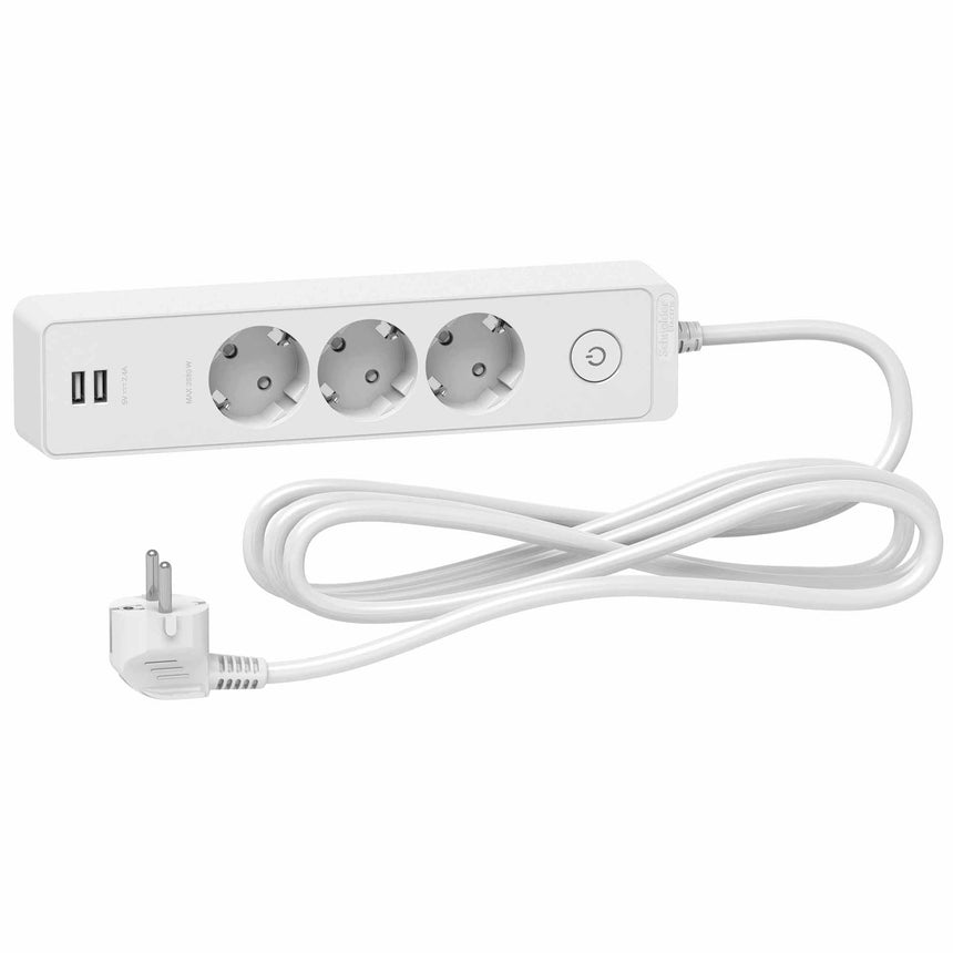 Prelungitor Schneider Unica ST943U3W, cu intrerupator, 2xUSB 5V 2.4A, 3 prize, protectie copii, 3m, Alb