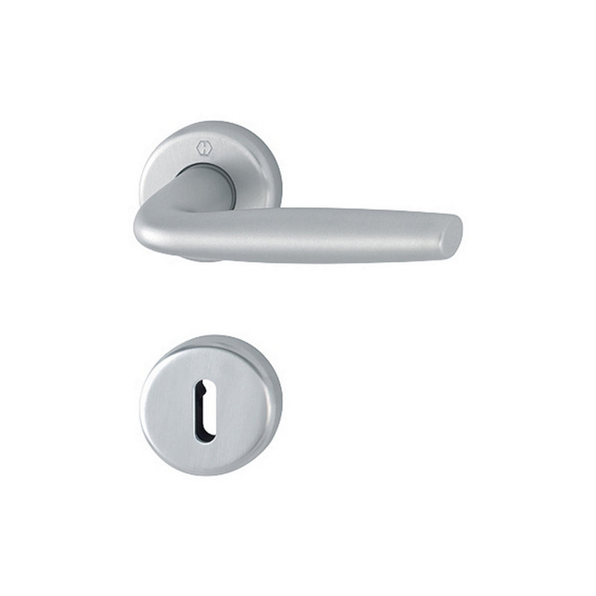 Maner usa interior, Hoppe Milos, cu rozeta patrata pentru cheie, material aluminiu, culoare argintiu, 124 x 52mm