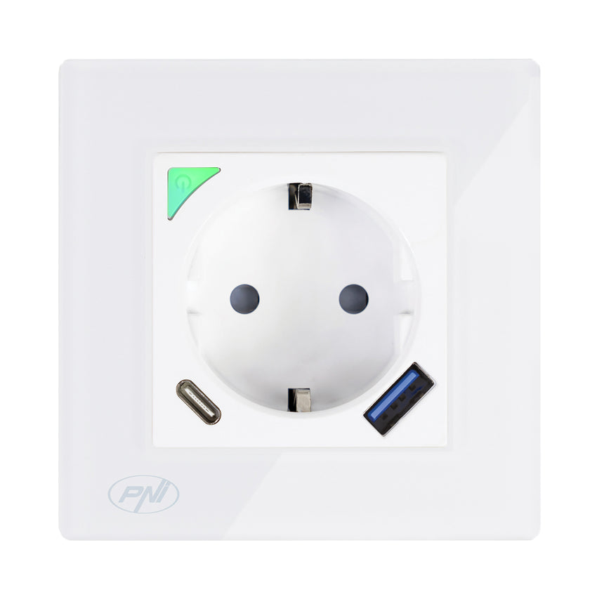Priza inteligenta PNI SmartHome WP202, Wi-Fi, montaj ingropat, control prin internet, Monitorizare consum, aplicatie dedicata Tuya Smart, compatibila Amazon Alexa si Google Home