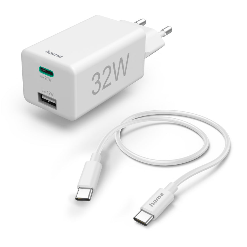 Incarcator rapid, Hama 1x USB-C, 1x USB-A, PD/Qualcomm®, 32 W, 1 m, alb