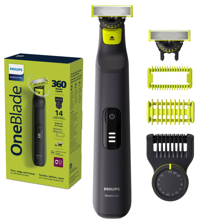 Aparat de ras (0,2mm) si tuns (0,4-10mm) PHILIPS OneBlade Pro QP6542/15, Fata&corp, pieptene cu 14 setari de lungime (0,4-10 mm), 2 accesorii pentru utilizare pe corp, 2 lame 360, 90 min (Li-ion), cablu de alimentare USB-A, fara adaptor pentru priza