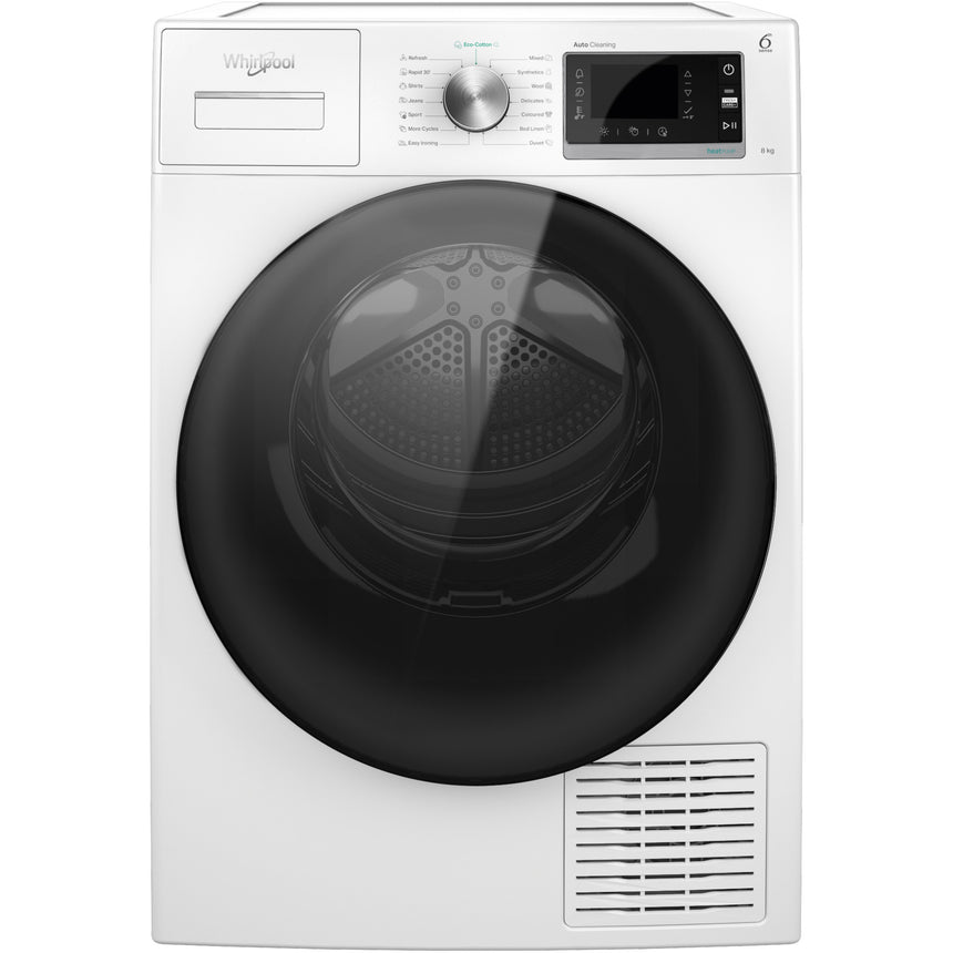 Uscator rufe Whirlpool Supreme Silence W6D84WBEE, Pompa de caldura, 8 kg, Clasa C, FreshCare+, Tehnologia al 6-lea Simt, Display LCD, Alb