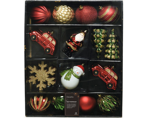 Set 25 decoratiuni Craciun Decoris, plastic, dimensiuni asortate, rosu/verde
