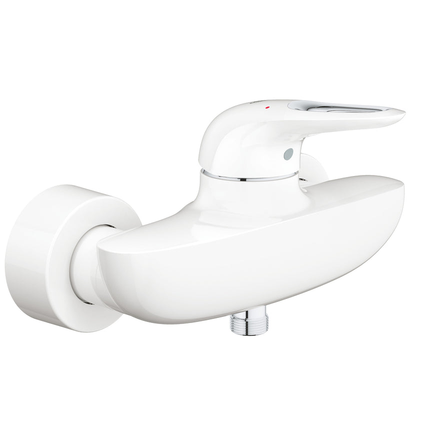 Baterie dus Grohe Eurostyle, monocomanda, 1/2", cartus ceramic, protectie reflux, limitator debit/temperatura, maner cu gol, alb