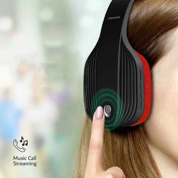 Casti PROMATE Terra, Bluetooth, On-ear, Microfon, Negru-Rosu