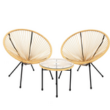 Set mobilier terasa, 2 scaune rotunde si masa cu blat de sticla, metal si ratan artificial, natur