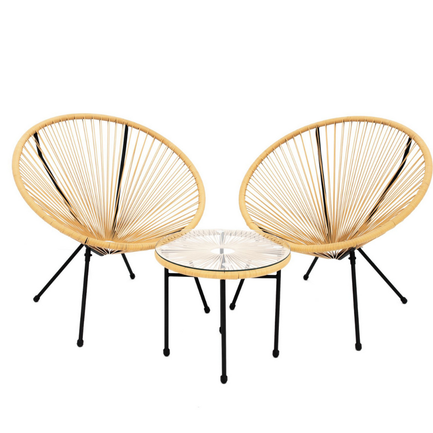 Set mobilier terasa, 2 scaune rotunde si masa cu blat de sticla, metal si ratan artificial, natur