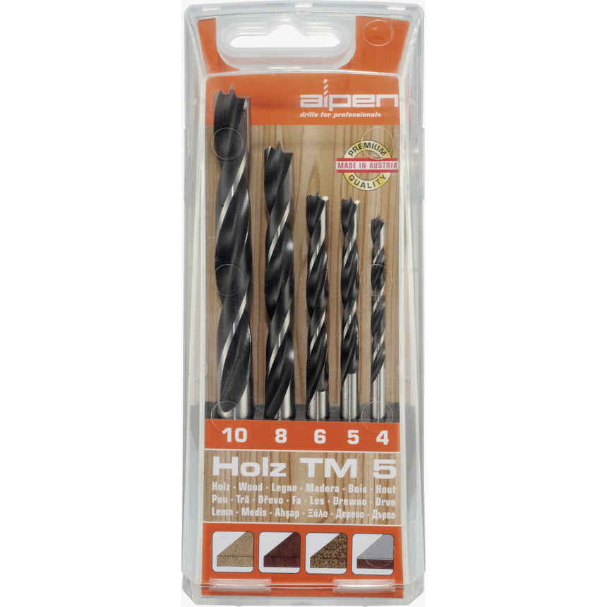 Set de 5 burghie elicoidale Alpen TM-5, 4-10mm, otel carbon, pentru lemn