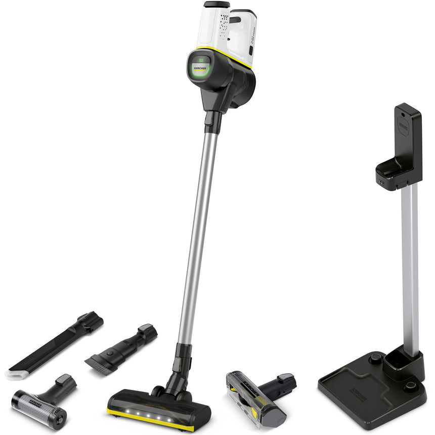 Aspirator vertical Karcher VC 6 Cordless OurFamily Extra, 250 W, acumulator 25,2 V,/2,5 Ah, autonomie max. 50 min, 2 trepte de putere, recipient 0,8 l, filtru HEPA 12, functie Boost, duza activa cu LED, 1.198-674.0, Alb/Negru