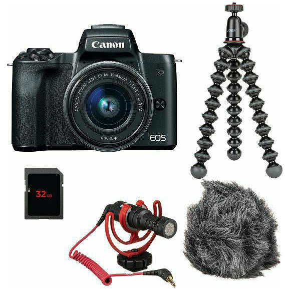 Aparat foto mirrorless Canon EOS-M50 Mark II, 24.1 MP, 4K, Wi-Fi, Negru, Live Stream Kit