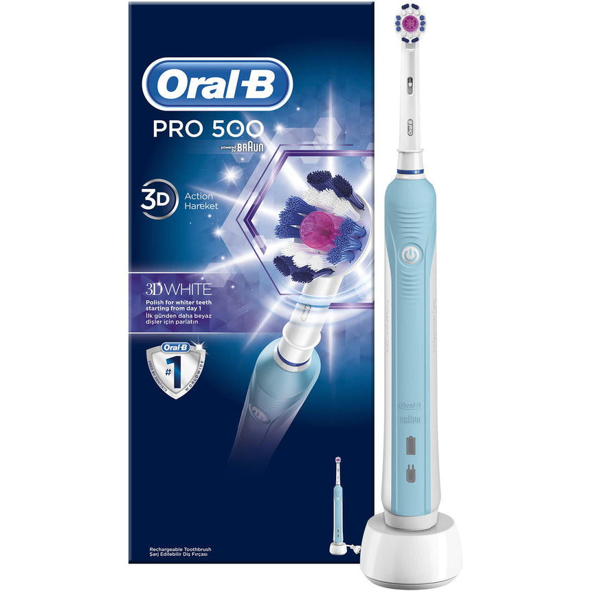 Periuta de dinti electrica Oral-B PRO 500 3D White, 20000 pulsatii/min, 8800 oscilatii/min, Curatare 3D, 1 program, 1 capat, Alb/Albastru