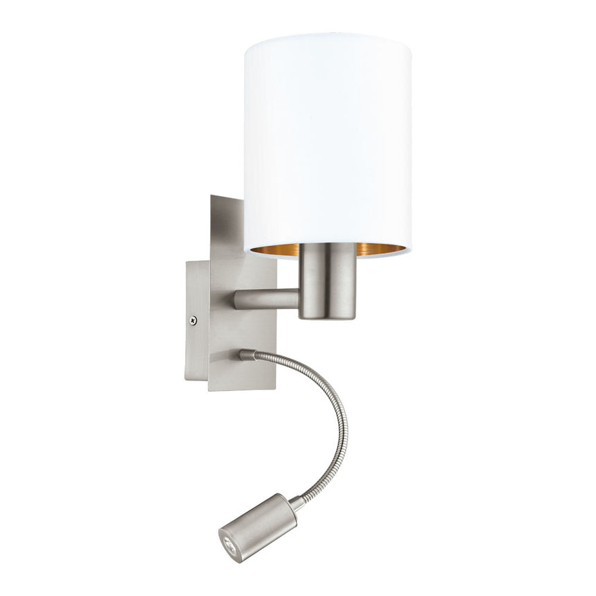 Aplica Pasteri cu comutator si brat flexibil pentru lectura, EGLO, LED, 1x3.5W, 380 lm, lumina calda, E27, 1x40W, otel, nichel satinat, material textil, alb, cupru, 38 x 19.5 x 15 cm