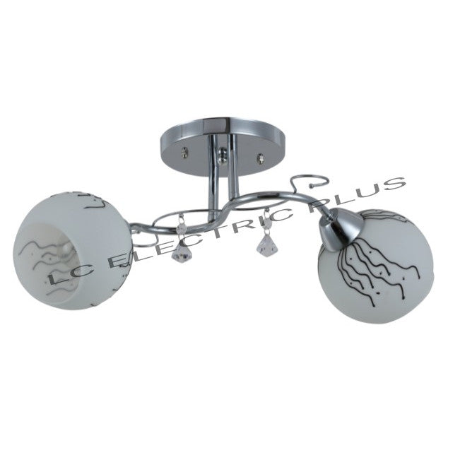 Lustra Flash metal. crom,abajur sticla alba cu model, 2X60W,dulie E27