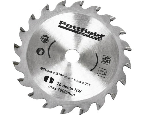 Disc Debitare Pattfield Ø85x1, 6x10 Mm, 20 Dinti Din Wolfram-carbid, Pentru Fierastraie Circulare Mini