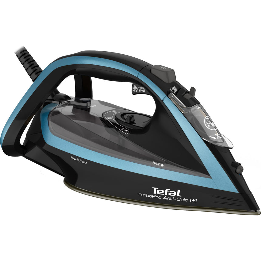 Fier de calcat Tefal Turbo Anti-Calc FV5695E1, 3000W, jet de abur 270 g/min, abur variabil 0-50 g/min, rezervor apa 300ml, talpa Durilium AirGlide Autoclean, colector anticalcar, oprire automata, negru/albastru
