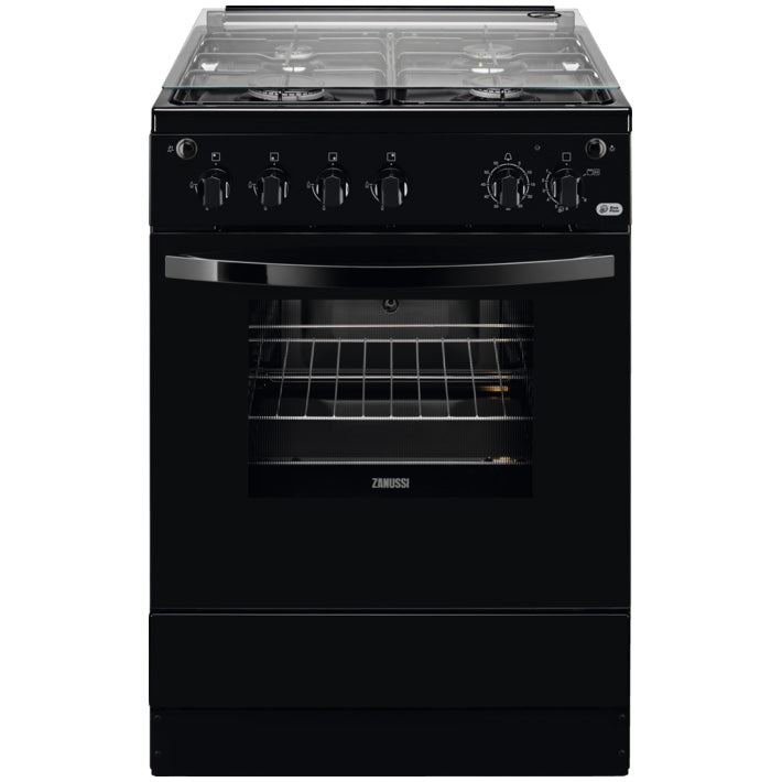 Aragaz Zanussi ZCG612K1BA, Gaz, 4 arzatoare, Grill, Autocuratare catalitica, Aprindere electrica, 59 l, 60 cm, Negru