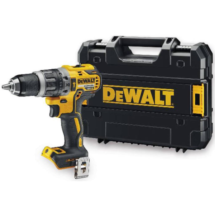 Masina compacta de gaurit si insurubat (bormasina) pe acumulator cu percutie DeWALT DCD796NT, 18 V, motor fara perii, 70 Nm, 2000 RPM, 34.000 percutii/min, agatatoare curea, suport magnetic biti, cutie transport TSTAK, fara incarcator/acumulator