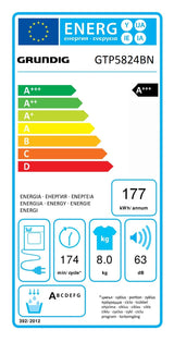 Uscator de rufe GRUNDIG GTP5824BN, Pompa de caldura, 8 kg, 15 programe, Clasa A+++, Alb