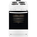 Aragaz Zanussi ZCE550H1WA, Electric, 4 arzatoare electrice, Cuptor multifunctional, Iluminare cuptor, Grill electric, Clasa A, 60 cm, Alb