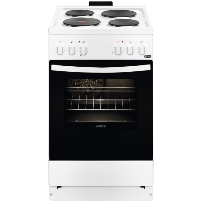 Aragaz Zanussi ZCE550H1WA, Electric, 4 arzatoare electrice, Cuptor multifunctional, Iluminare cuptor, Grill electric, Clasa A, 60 cm, Alb