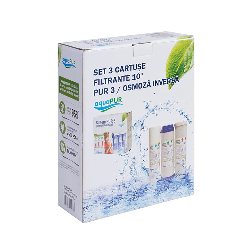 Set 3 cartuse filtrante AquaPUR 10'' PUR3/RO, cartus PP expandat, cartus carbune activ bloc, cartus carbune activ granular