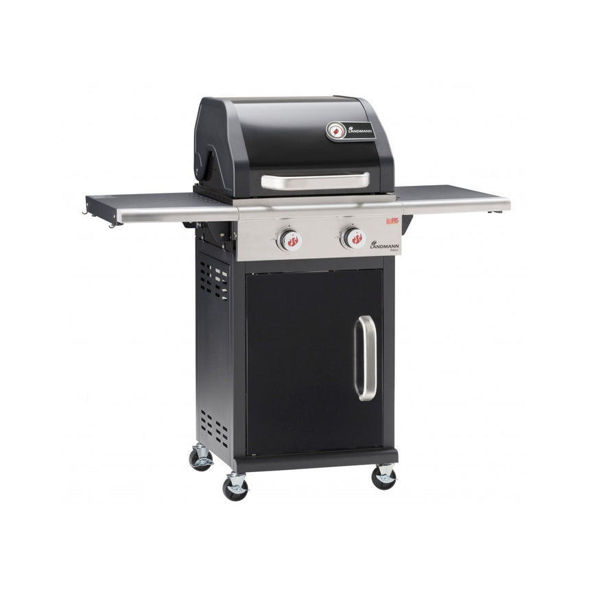 Gratar pe gaz Landmann Triton 12903, 2 arzatoare, termometru in capac, mese laterale rabatabile, roti pentru deplasare, suprafata de gatit fonta 48x44, 125x121x57, tava colectare grasime, PTS system, Negru