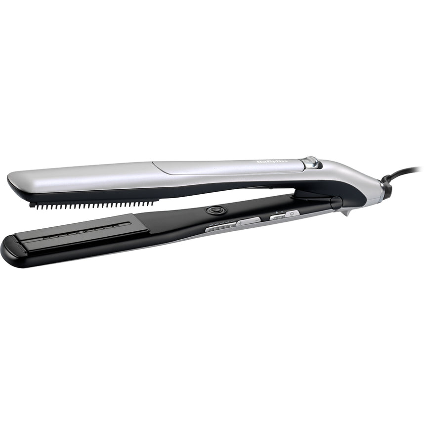 Placa de par BaByliss cu aburi Steam Lustre 210°C, Invelis ceramic, 5 trepte, placi 36 x 105mm, Silver-Negru