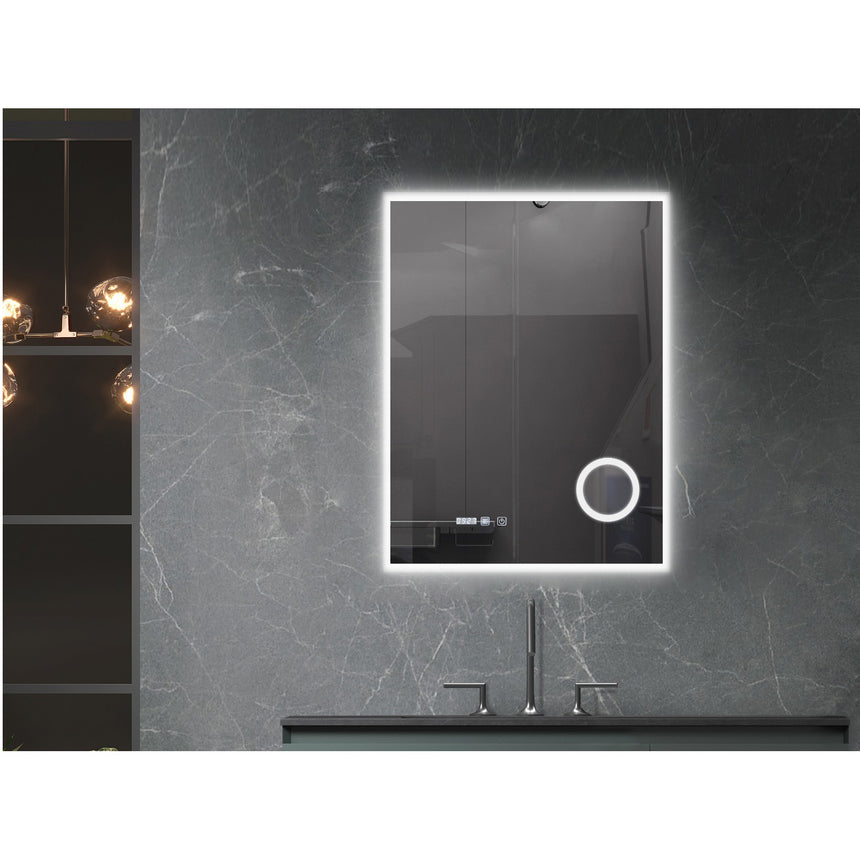 Oglinda baie Belform Atlantis, iluminare LED 3 culori, Dezaburire, Intrerupator touch, Ceas digital, Lupa, 60x80 cm, Clasa energetica F