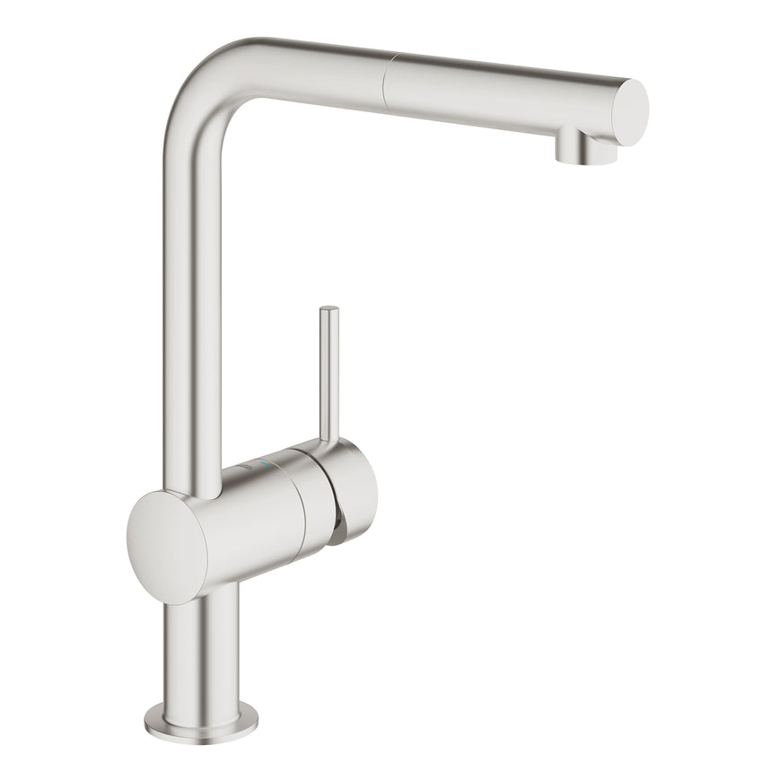 Baterie bucatarie cu dus retractabil Grohe Minta, cartus ceramic, 1/2'', monocomanda, Tip L, unghi pivotare 360, limitator debit, protectie reflux, supersteel