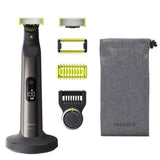 Aparat hibrid de barbierit, tuns barba si parul corporal PHILIPS OneBlade Pro QP6551/17, pieptene 14 lungimi, lama inovatoare 360 cu 2 taisuri, afisaj digital LED, pieptene corp, reincarcabil,autonomie 120 min, umed si uscat, husa,suport de incarcare,Crom