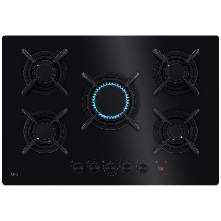 Plita incorporabila AEG HKB75453NB, 5 arzatoare, Aprindere electrica, Gratare fonta, Timer electronic, 75 cm, Negru