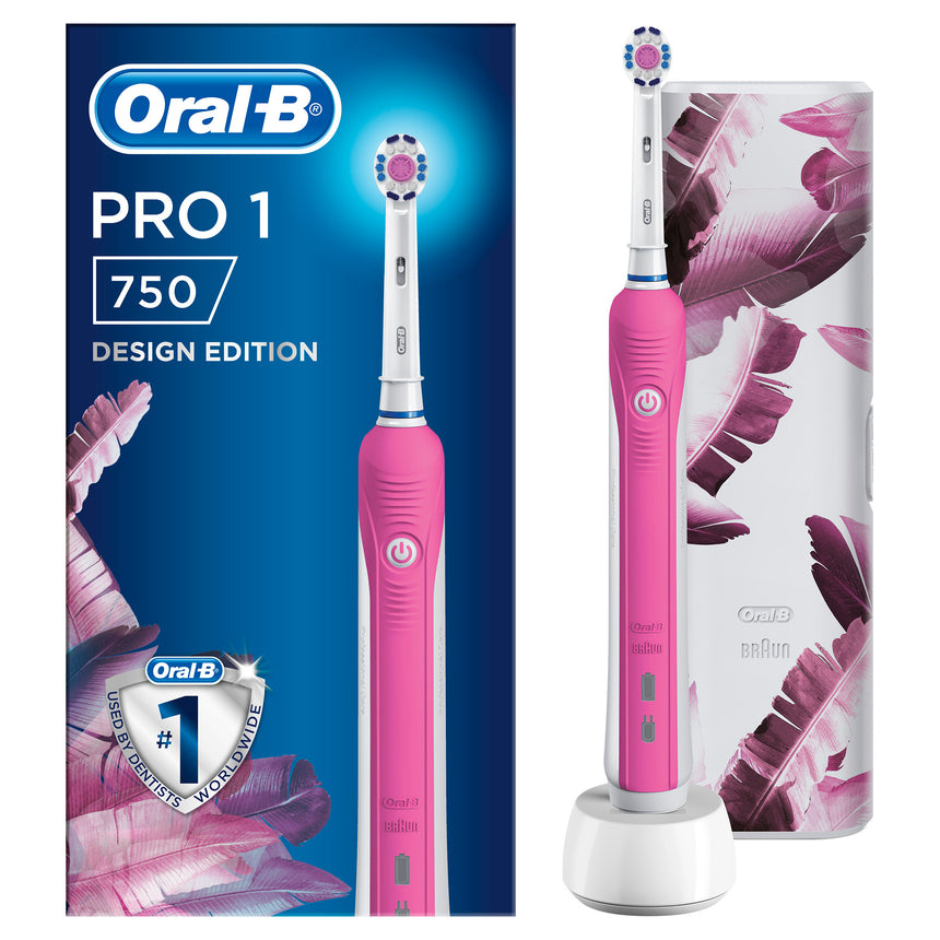 Periuta de dinti electrica Oral-B PRO 1 750 Design Edition 3D White, 40000 pulsatii/min, 8800 oscilatii/min, Curatare 3D, 1 program, 1 capat, Trusa de calatorie, Roz