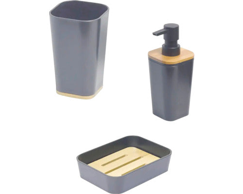 Set Dozator Sapun Lichid, Sapuniera Si Pahar Plastic-bambus Negru