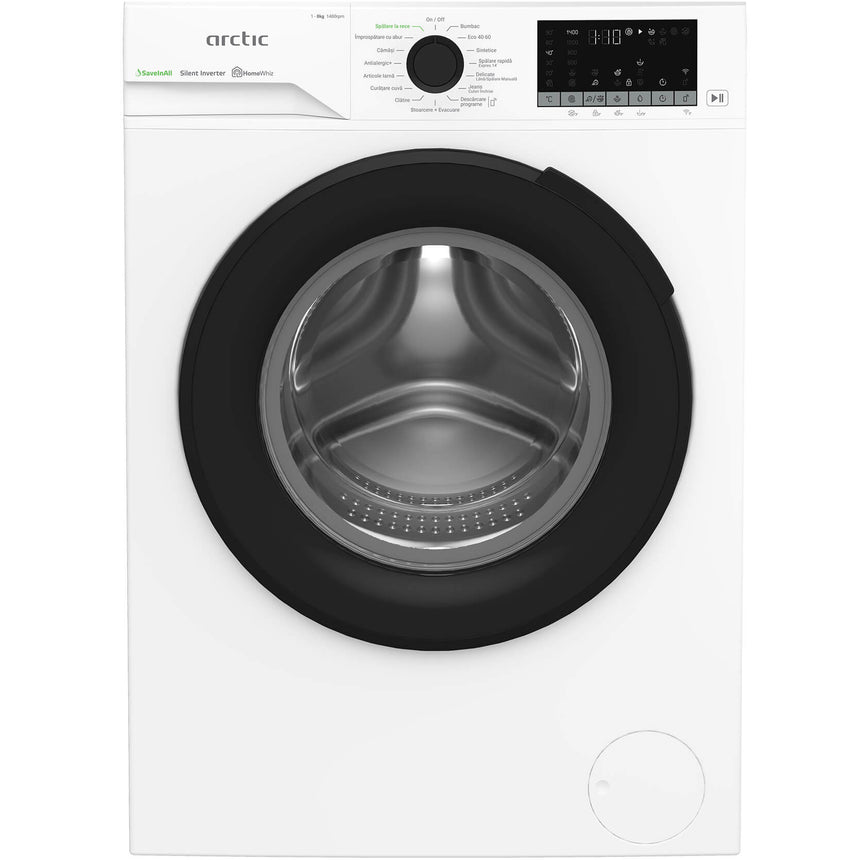 Masina de spalat rufe Arctic APLM3WFSU38412W, 8 Kg, 1400 RPM, Motor Silent Inverter, Drum Clean+Steam, Child Lock, HomeWhiz, Digital Display, Add-In, Clasa A, Alb