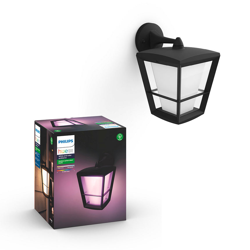 Aplica exterior LED RGBW integrat Philips Econic HUE, control inteligent cu Hue Bridge, 15W (79W), 1150 lm, lumina alba/color, IP44, metal/sticla, varf jos, Negru, clasa energetica G