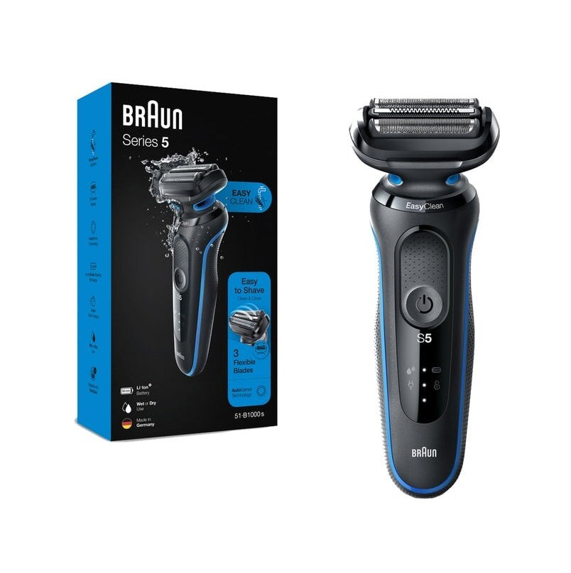 Aparat de ras Braun Series 5 51-B1000S, Wet&Dry, AutoSense, EasyClick, autonomie 50 min, 3 elemente de taiere, negru/albastru