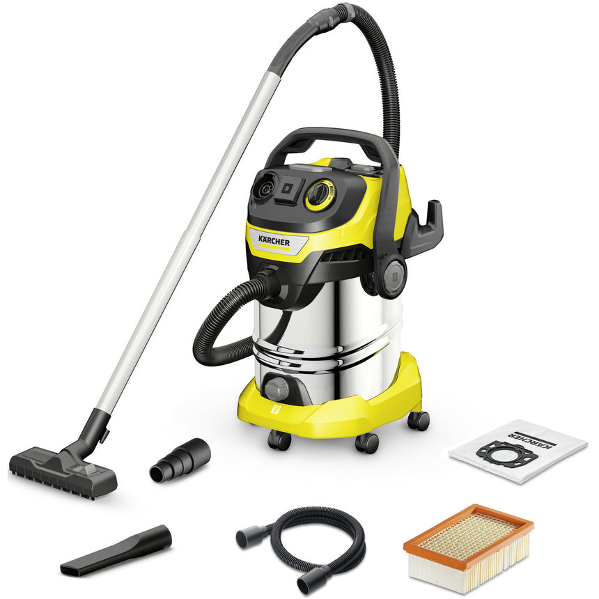 Aspirator umed-uscat Karcher WD 6 P S V-30/6/22/T, 1300 W, recipient 30 l, furtun 2,2 m, functie de suflare, functie curatare filtru, filtru evantai, sac de filtrare, priza de alimentare integrata, 1.628-360.0, galben/negru