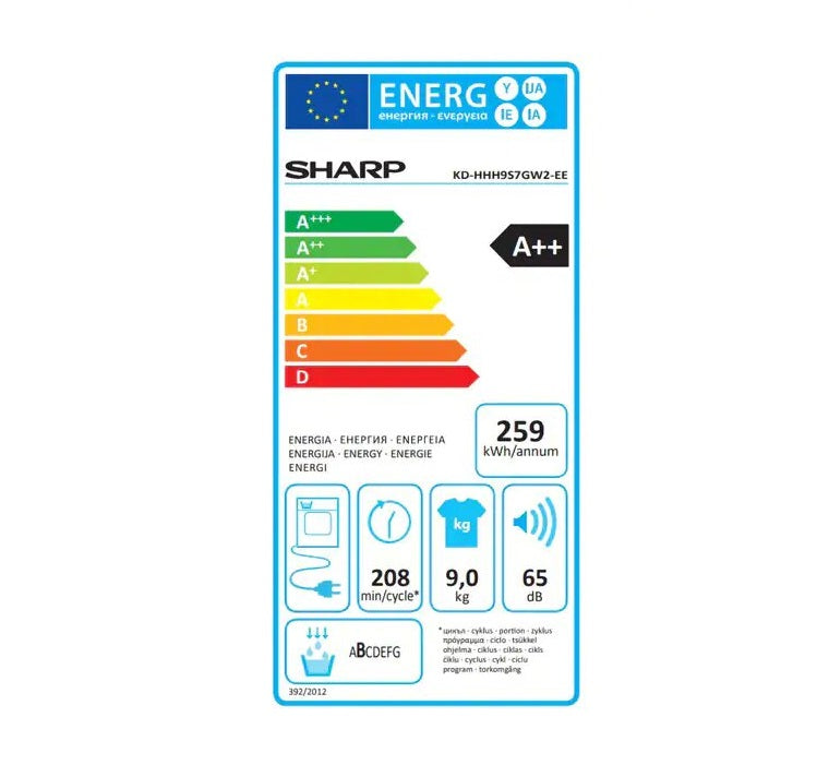 Uscator de Rufe SHARP KD-HHH9S7GW2-EE, Pompa de caldura, 9 kg, 15 programe, Clasa A++, Alb
