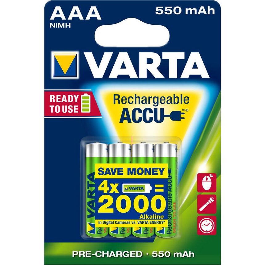 Set 4 acumulatori HR03, AAA, 550mAh, Ni-Mh, Varta