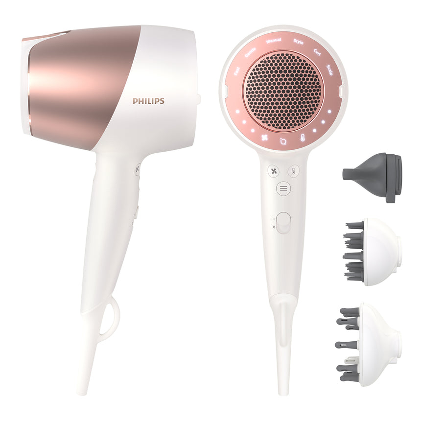 Uscator de par Philips Prestige BHD827/00, Senzor SenseIQ, Programe digitale inteligente, Ingrijire cu ioni, Difuzor de volum, Cap de coafare, Accesoriu de masaj pentru scalp, 1800 W, Alb/Rose Gold