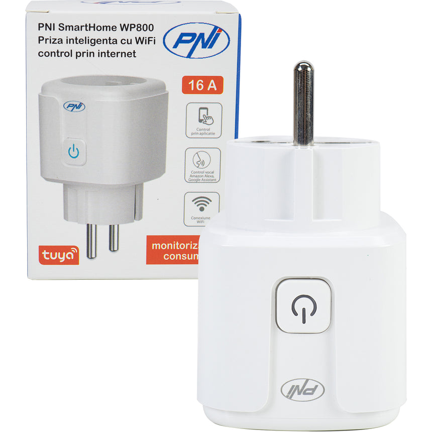 Priza inteligenta PNI SmartHome WP800, Wi-Fi, 16A, app Tuya Smart, compatibil Amazon Alexa/Google Home, Alb