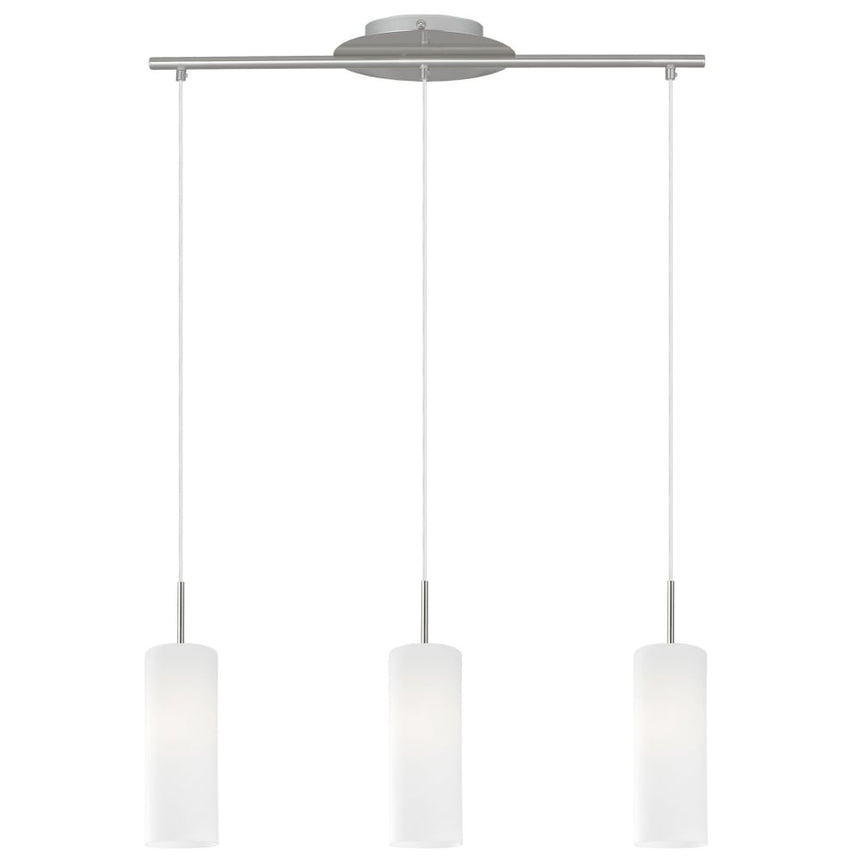 Pendul Troy 3, EGLO, E27, 3x60W, otel, nichel satinat, sticla, alba, 110 x 72 x 10.5 cm, inaltime reglabila, IP20