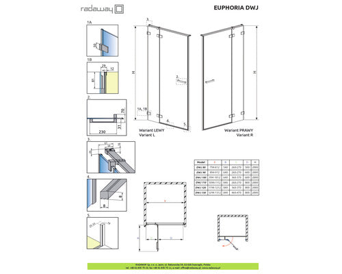 Panou frontal pentru usa dus Radaway Euphoria DWJ deschidere stanga, 30x200 cm, sticla securizata transparenta, profil crom